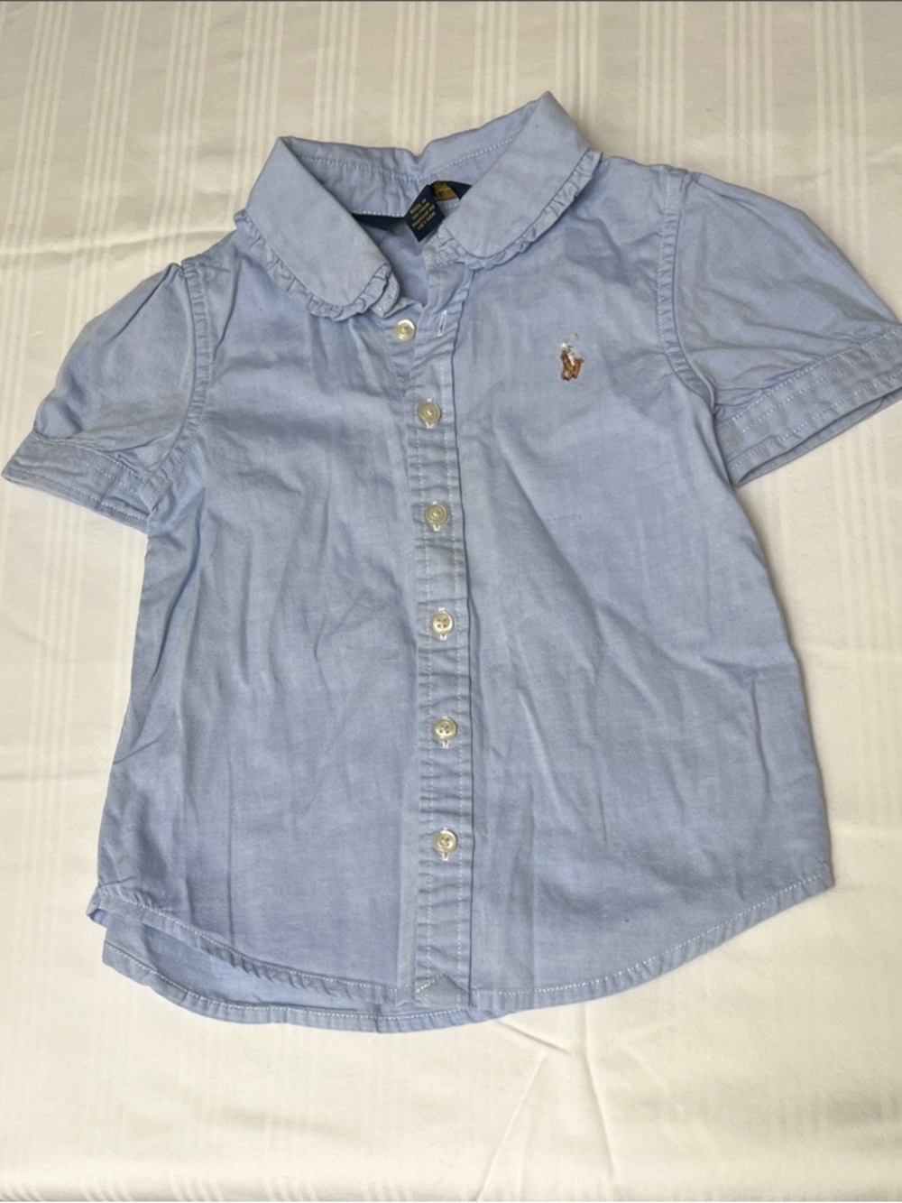 Ralph Lauren Light Blue Ruffle Collar Short Sleeve Button-Down Shirt, Girl 3yo